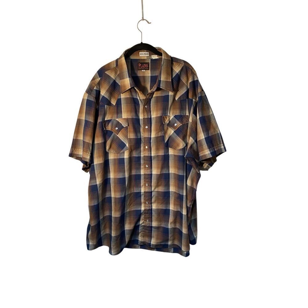 Plains men’s western wear, pearl snap button, brown and blue short sleeve shirt